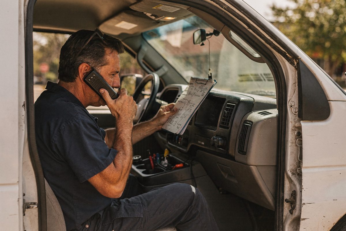 Technician in a parked service van holding a radio handset with a dispatch notepad on the wheel