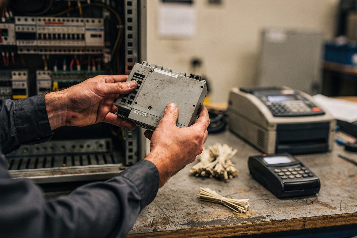 Technician replacing an old automation module with a new one on a workbench